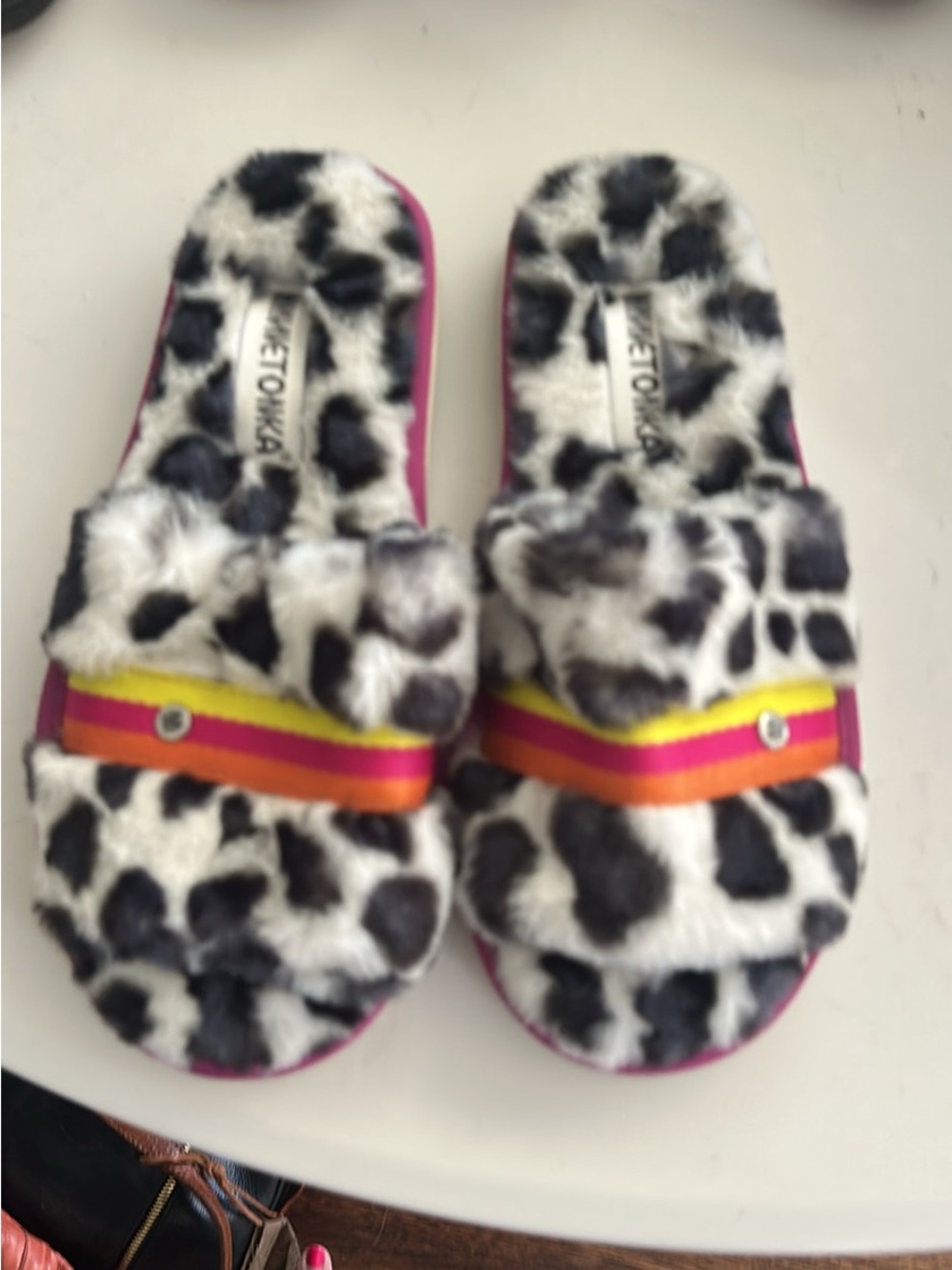 Fuzzy Animal Print Slide Sandals with Bright Stripes